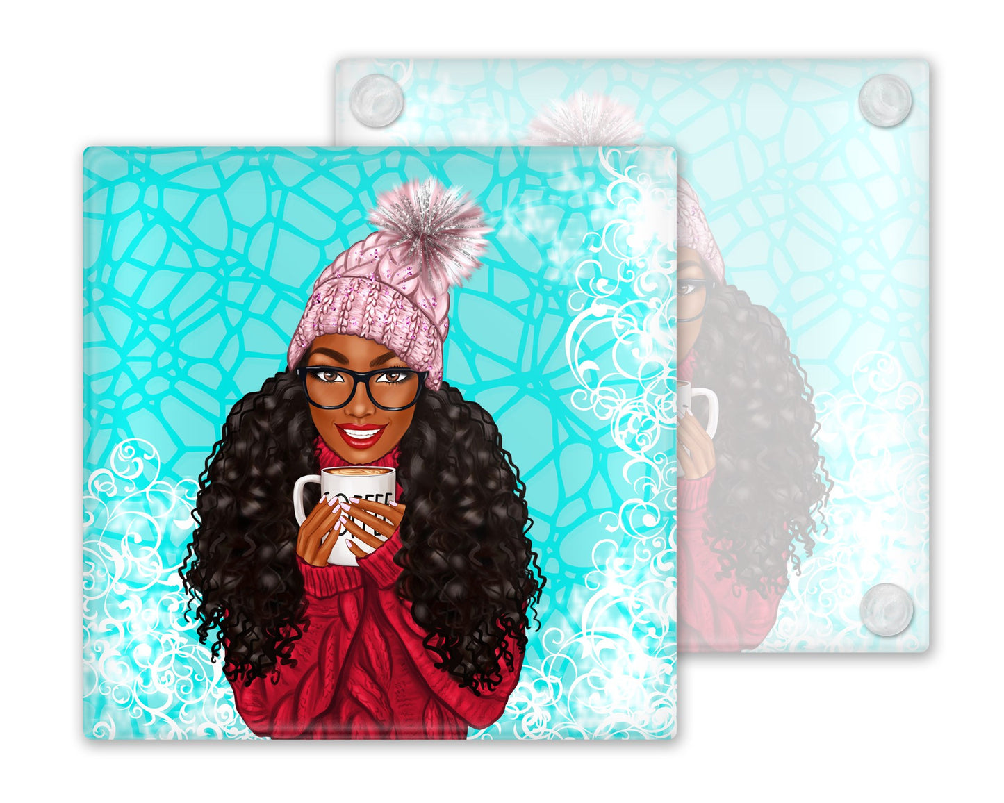 Winter Girl Glass Coasters, Set of 4